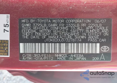 2007 Toyota Prius from USA, damaged, VIN JTDKB20U373278174